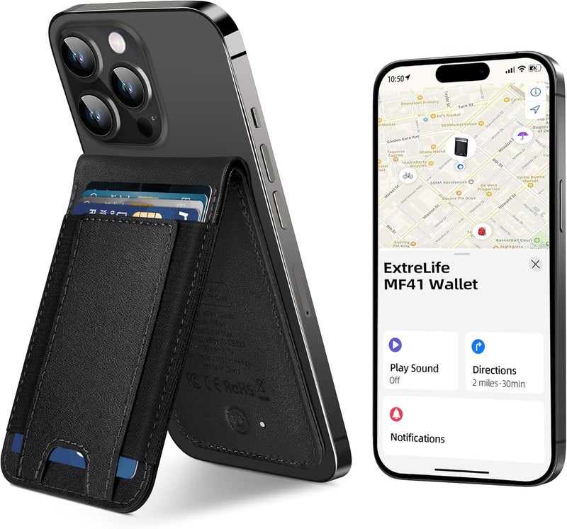 ExtreLife محفظة MagSafe مع تطبيق Apple Find My، حاملة بطاقات 8، قاعدة قابلة للتعديل، محفظة مغناطيسية لهواتف iPhone 17/16/15/14/13/12، حجب RFID، سوداء - Image 1